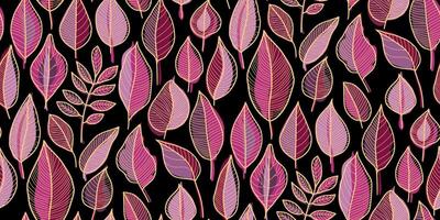 Seamless pattern of stylized leaves in pink, purple, and red outlined in gold on black background. Various leaf shapes with intricate vein details ideal for wallpapers, textiles, and decorative items. vector