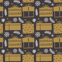 Christmas Seamless Pattern in Simple Gift Boxes and Fir Branches. Hand-Drawn style illustration vector