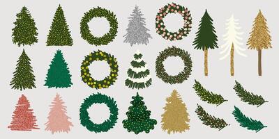 Set of Christmas Fir Trees in Hand-Drawn Style and Glitter. Trendy Illustration in Simple Style vector
