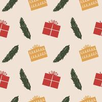 Christmas Seamless Pattern in Simple Gift Boxes and Fir Branches. Simple illustration vector