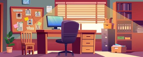Detective office interior background for banner design. Empty police room with computer on table and chair, investigation map on pin board, archives in box and bookcase. cartoon illustration vector