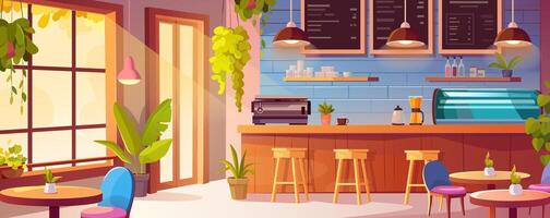 Coffee shop interior background for banner design. Empty room with barista counter with coffee machine, dessert showcase, menu boards, tables and chairs, window and door. cartoon illustration vector
