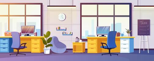 Coworking interior background for banner design. Empty open office with computers on desks and chairs, armchair by table with coffee break, big windows, tasks board, decor. cartoon illustration vector