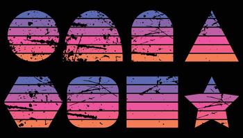 Set of retro synthwave sunsets. Horizontal Sunsets with Grunge Textures. vector