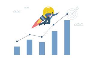 Growth or business progress achieves goals beyond expectations, Successful business ideas, Investments that exceed expectations, Businessman flying with light bulb and high growth bar graph. vector