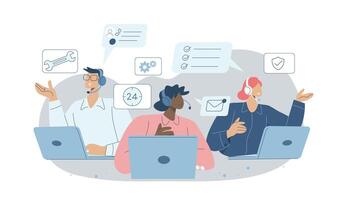 Technical support or customer service team, Hotline, Call center representative, Online customer consultation or feedback, Staff wearing headphones help provide customer service. design. vector