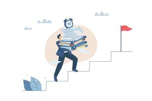 Businessman carrying a lot of documents walks up the stairs to his destination, Busy business concept, Racing against the clock, Time management and work efficiency, design illustration. vector