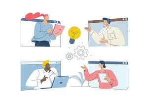 conference communication, Virtual communication, Online meeting or seminar, Consulting or data analysis meetings, Business discussion, Distance studying and remote working concept. vector