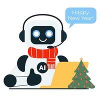 Chat bot robot in red scarf and with Christmas tree and yellow laptop shows thumbs up vector