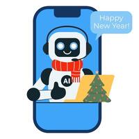 Chat bot in red scarf and with Christmas tree and yellow laptop shows thumbs up on the phone vector