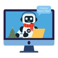 Chat bot in red scarf and with Christmas tree and yellow laptop shows thumbs up on the computer monitor screen vector