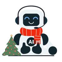Cute chat bot robot in red scarf and with Christmas tree shows thumbs up vector