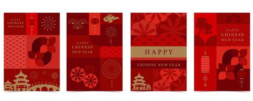 Happy Chinese New Year on red background with geometric style vector