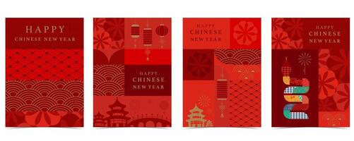 Happy Chinese New Year on red background with snake,geometric pattern vector