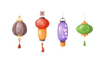 Multicolor Asian lanterns with tinsels flat color objects set. Traditional oriental lamps for festive mood illustrations bundle on white vector
