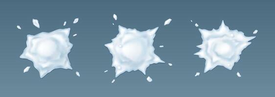 Splatted snowballs with drops realistic icons set. Snowflake balls for active winter fights 3d objects bundle on grey background vector