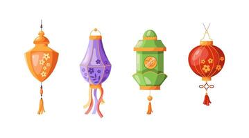 Vintage Chinese paper lanterns flat color objects set. Oriental festive lamps creating atmosphere illustrations bundle on white background vector