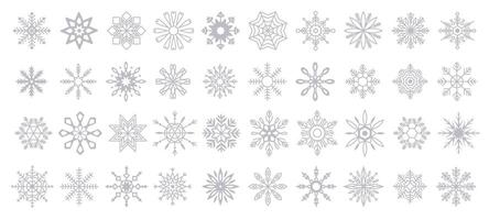 Delicate snowflake shapes representing winter grey linear icons collection. Christmas season festive atmosphere objects set on white vector