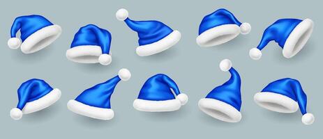 Blue glossy Santa hats with pompoms realistic illustration set. Christmas atmosphere accessories 3d models on grey background vector