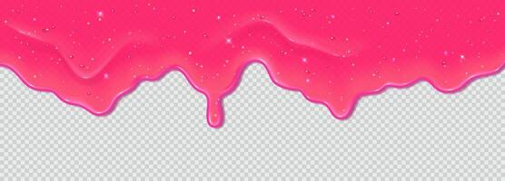 Realistic 3D dripping glossy pink slime with glitter isolated on background. Border of flowing sticky sweet jelly. template of chewing gum, cream or caramel icing for cake or donut vector