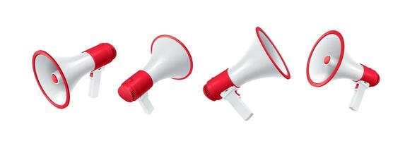 Megaphones with red parts realistic illustration set. Modern loudspeakers announcing important news 3d models on white background vector
