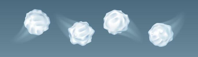 Flying snowballs with traces realistic icons set. Playing traditional Christmas season outdoor game 3d objects bundle on grey background vector