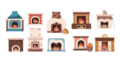Fireplaces emitting cozy glow ideal for winter season flat color objects set. Dancing flames for warmth illustrations bundle on white vector