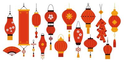 Asian holidays decor flat color objects set. Paper lanterns flag fan and firecrackers illustrations bundle on white background vector