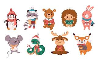 Cute animals in winter outfits flat color objects set. Symbols of Christmas and New Year illustrations bundle on white background vector