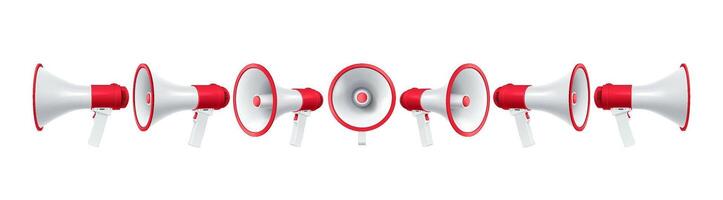 Megaphones side and front views realistic illustration set. Powerful loudspeakers attracting attention 3d models on white background vector