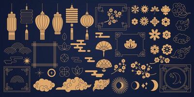 Various Chinese symbols with frames linear glyph icons collection. Symbolic Asian decorative ornaments objects set on black background vector