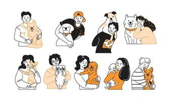 Happy pet owners hugging dogs flat color linear icons collection. People expressing love and tenderness characters set on white background vector