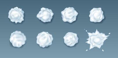 Whole snowballs and blot realistic icons set. Ice spheres for funny winter games outdoors 3d objects bundle on grey background vector