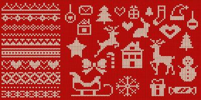 Knitted animals and patterns for Christmas sweaters illustrations set on red background. Festive symbols for New Year celebration collection vector