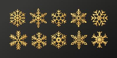 Shiny golden snowflakes realistic color icons set. Happy Christmas holiday ornament with frozen crystals symbols 3d objects bundle on black vector