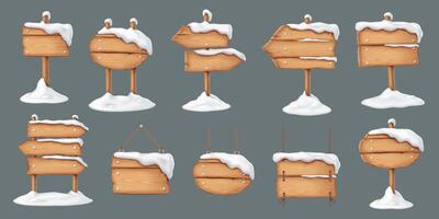 Wooden signposts of various shapes realistic color icons set. Winter wonderland atmosphere for holiday decorations 3d objects on grey background vector