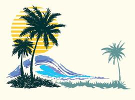 Illustration of coconut trees silhouette with waves and sun in the background. vector