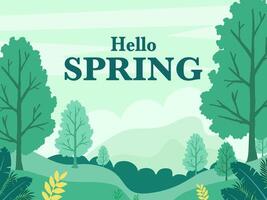 Hello spring text on trees nature background. vector
