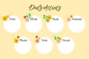 Daily Activities of The Week, Time Table Design, on Flower Theme vector