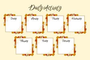 Daily Activities of The Week, Time Table Design, on Autumn Theme vector