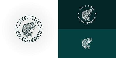 A fish logo of irregular line shapes in vintage style in green color isolated on multiple background colors. The logo is suitable for fishing community logo design inspiration templates. vector