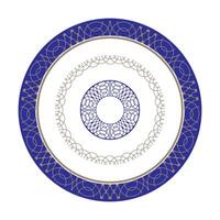 Blue and gold plate with openwork element in the center. Vintage, ethnic frame with arabesques. Beautiful round frame arabesque. Pattern frame for round surfac, household utensil, textile. EPS vector