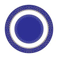 Beautiful round frame arabesque. Blue and gold plate with openwork element in the center. Vintage, ethnic frame with arabesques. Pattern frame for round surfac, household utensil, textile. EPS vector