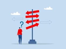 direction or choose the right way to success concept ,businessman looking at multiple road sign with question mark mark and thinking which way to go. illustrator vector