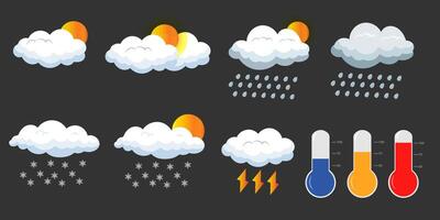 weather icons set with clouds, rain, sun, and thunder on gray background vector