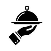 A black and white image of a hand holding a tray with a dish vector
