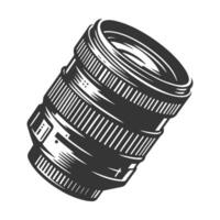 A camera lens is shown in black and white vector