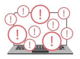 Warning signs indicating errors or alerts on a laptop screen suggesting urgent attention needed for system issues. vector