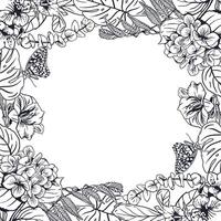 Floral frame square, ink. Tropical leaves of palm tree monstera, fern, hydrangea, butterflies. Hand drawn illustration in graphic style. For greeting cards, invitations, labels, banners. vector