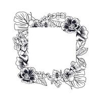 Floral frame square, ink. Tropical leaves of monstera palm, eucalyptus branches, hydrangea. Hand drawn illustration in graphic style. For greeting cards, invitations, labels, banners. vector